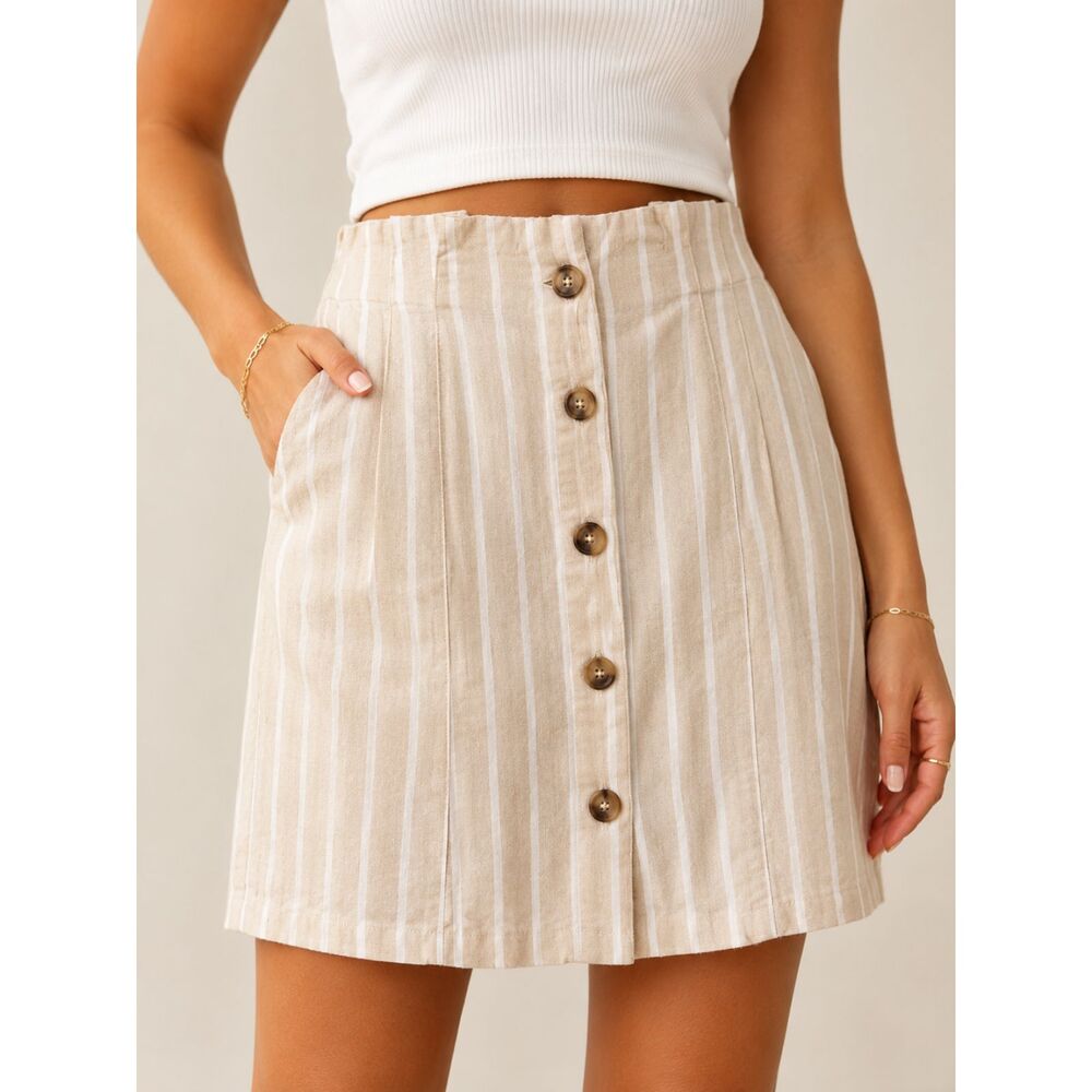 Cotton On Beige and White Striped Button-Front A-Line Skirt